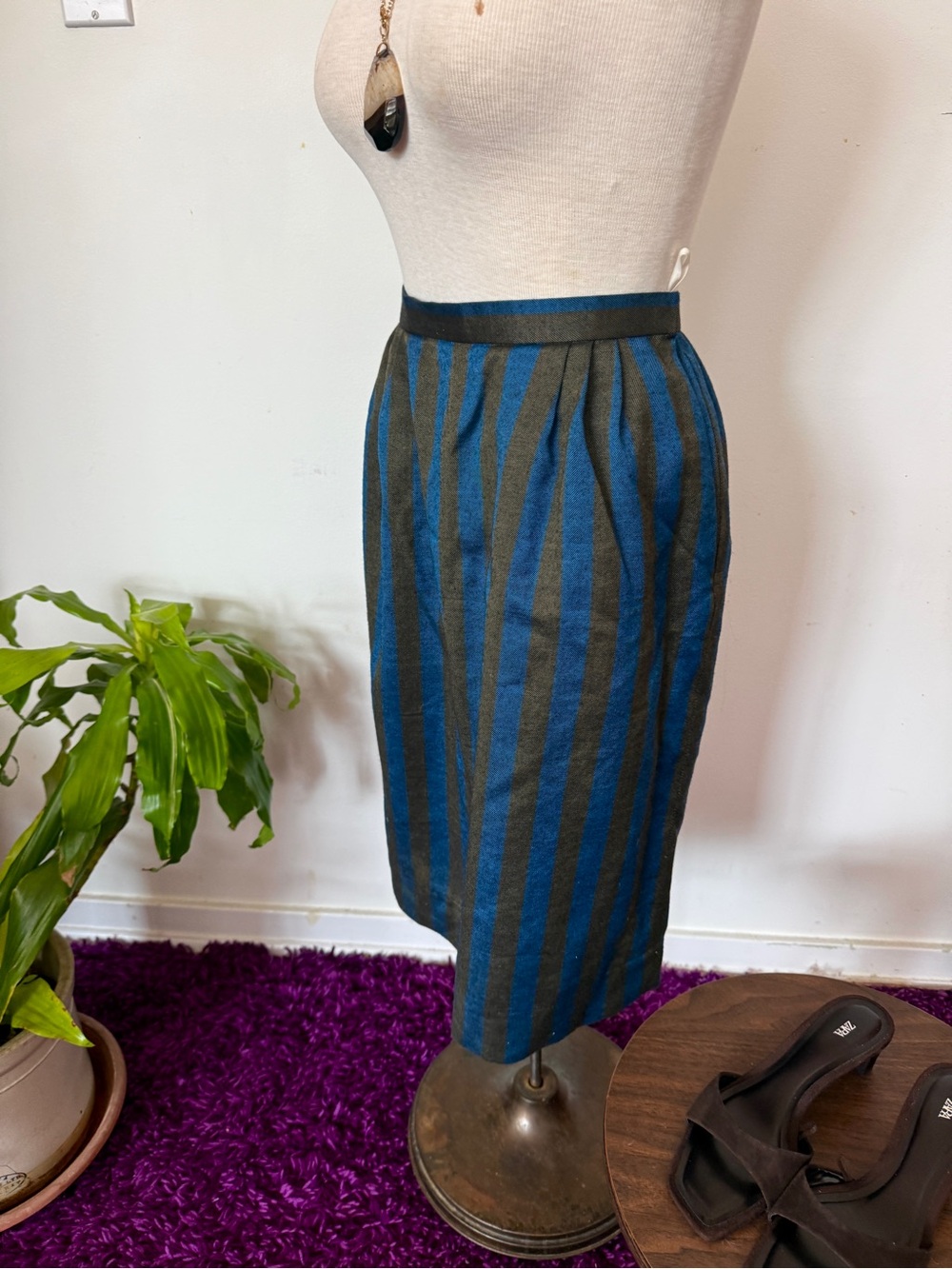 Oscar de la Renta Vintage Wool Blend Striped Skirt Blue Olive Size 9